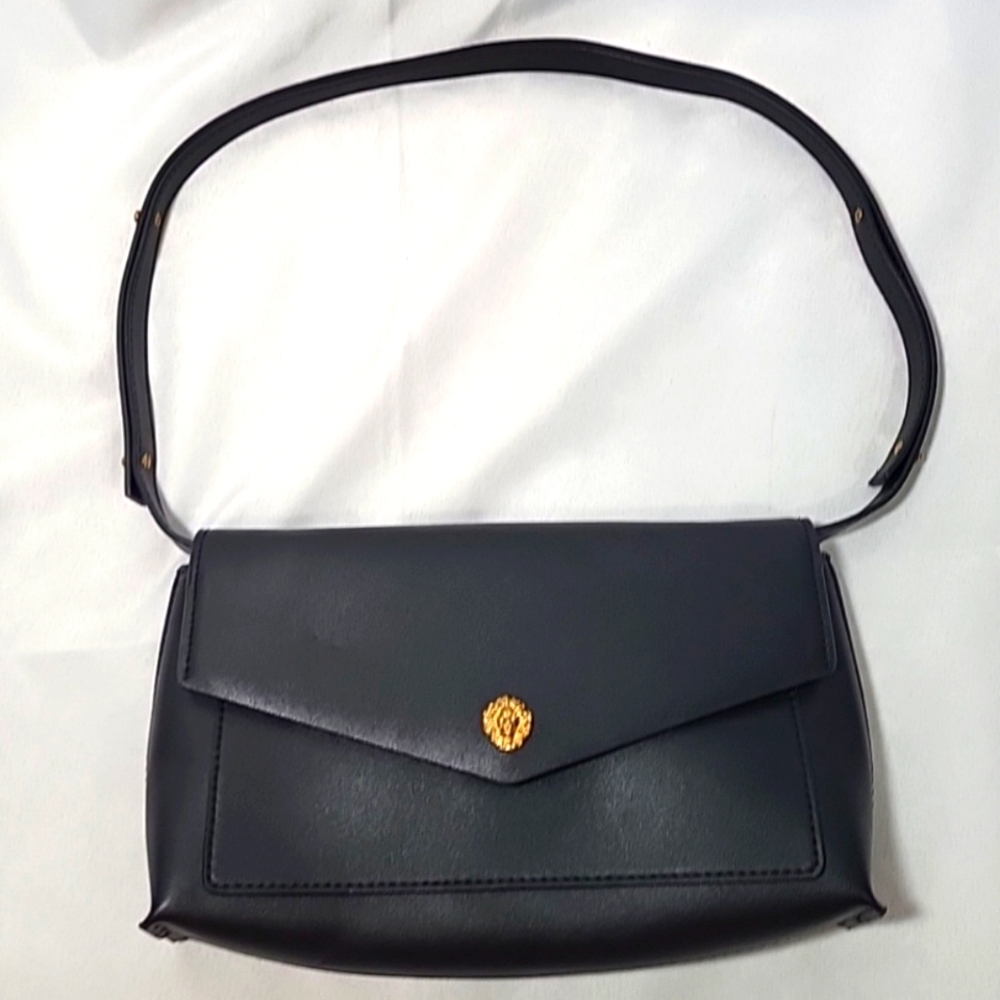 Anne Klein Gold Lion Vintage Black  Envelope Handbag Purse Adjustable Strap